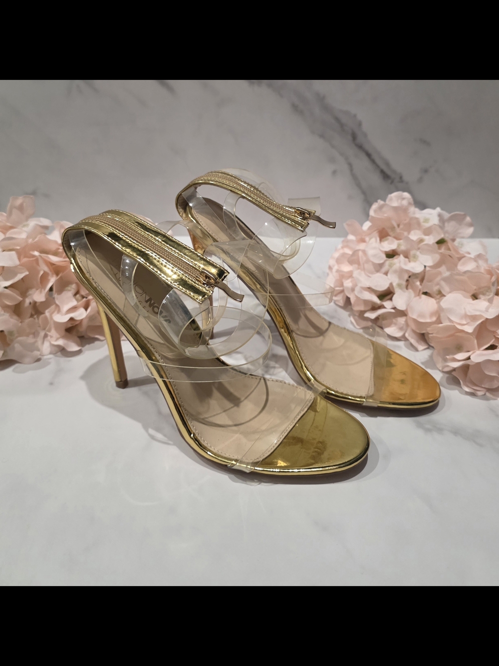 Fashion Nova Gold Clear Strap Stiletto Heels